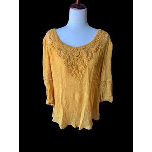 Indigo Rose Mustard Crochet 3/4 Sleeve Lace Gauze Bohemian Tunic Shirt Women 2XL